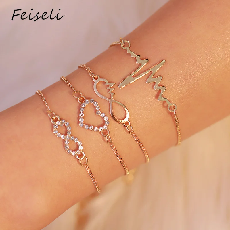 Feiseli 4 шт простой дизайн полое сердце кардиограмма браслет для женщин Кристалл