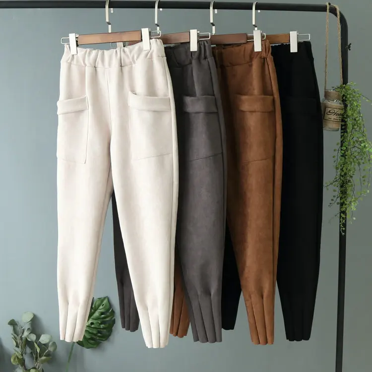

2020 Women Autumn Winter Elastic Waist Harem Pants Suede Casual Ankle -Length Capris Trouser Women Clothing Pencil Pants WP26