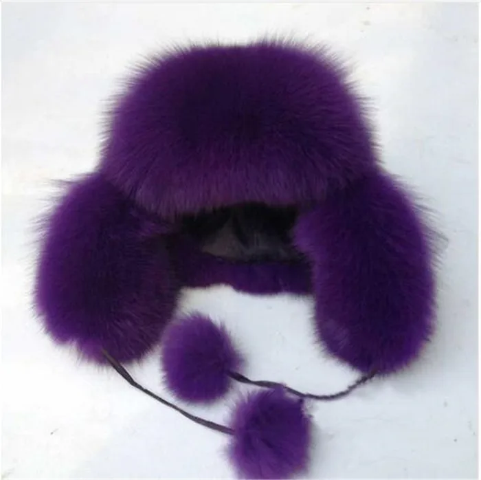 purple Зимняя женская детская меховая шапка для мальчиков и девочек, шапка из натурального Лисьего меха, теплая меховая шапка с помпоном, меховые шапки с лисьим мехом, шапка W - Цвет: purple