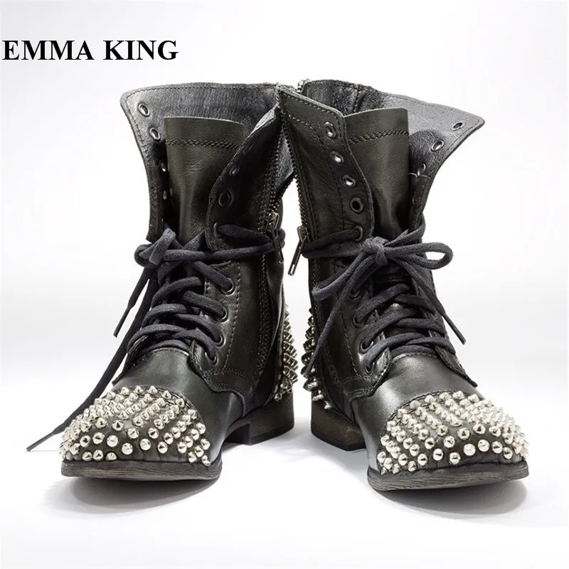 EMMA KING/зимние черные ботильоны в стиле панк женские ботинки гладиаторы с