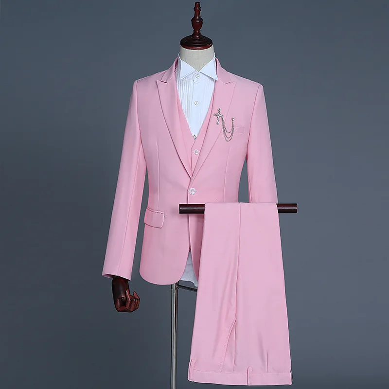 Pink Деловые костюмы для мужчин, длинный рукав, платье для мужчин, s, Повседневный, выпускной, однотонный костюм, приталенный, розовый, дизайнерская одежда, комплект из трех предметов, пальто, брюки - Цвет: Pink