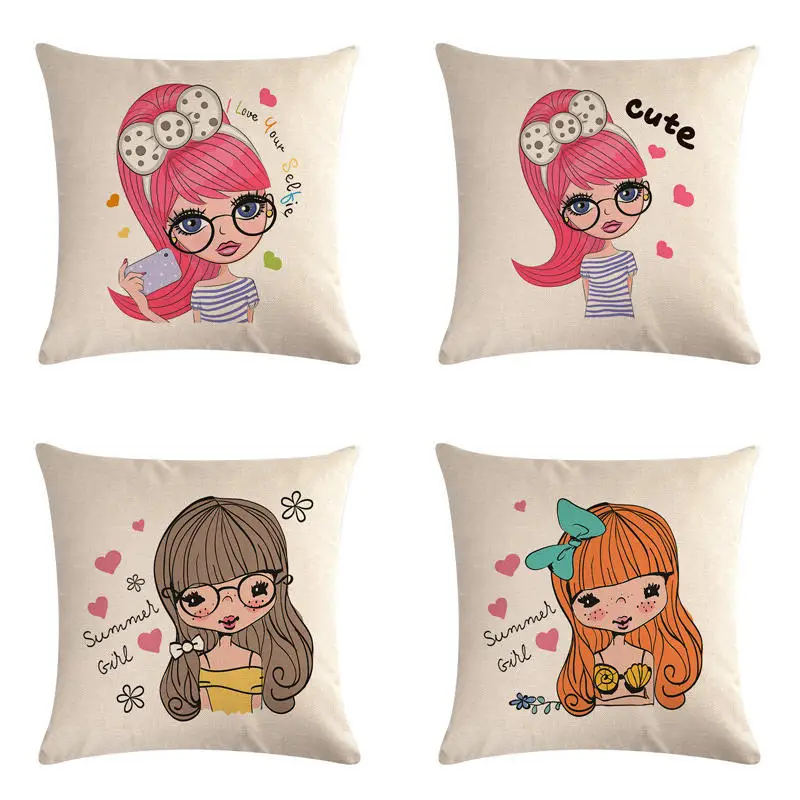 

45*45cm Cartoon Summer Girl Cushion Cover Cotton Linen Pillow Case Throw Wedding Decorative Pillowcase Cushion Covers