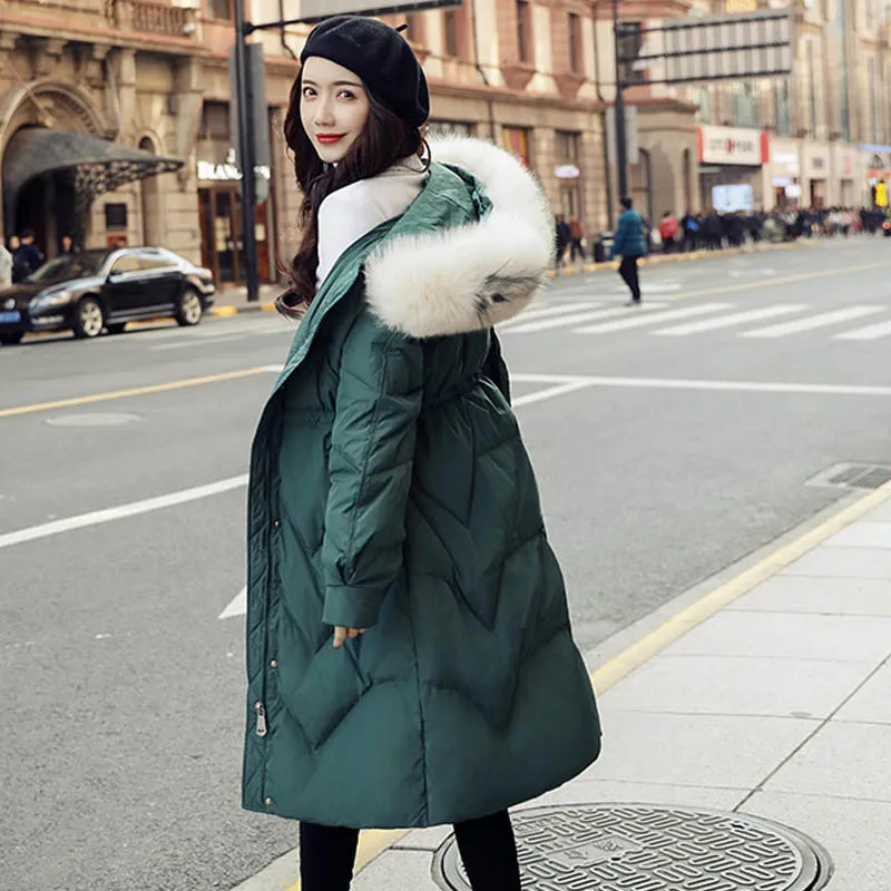 Женский пуховик на утином пуху длинная парка с капюшоном и воротником из