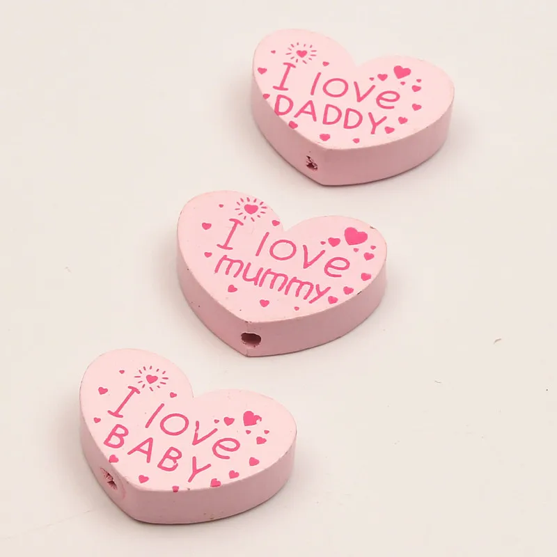DIY 10 шт.(I Love BABY/mummy/DADDY) бусины из натурального дерева в форме сердца для детей, ювелирные изделия, пустышка, зажим 23x29 мм