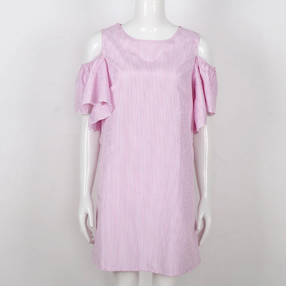 Для женщин выдалбливают воланами летняя Striped Cold Shoulder платье с рюшами Платье