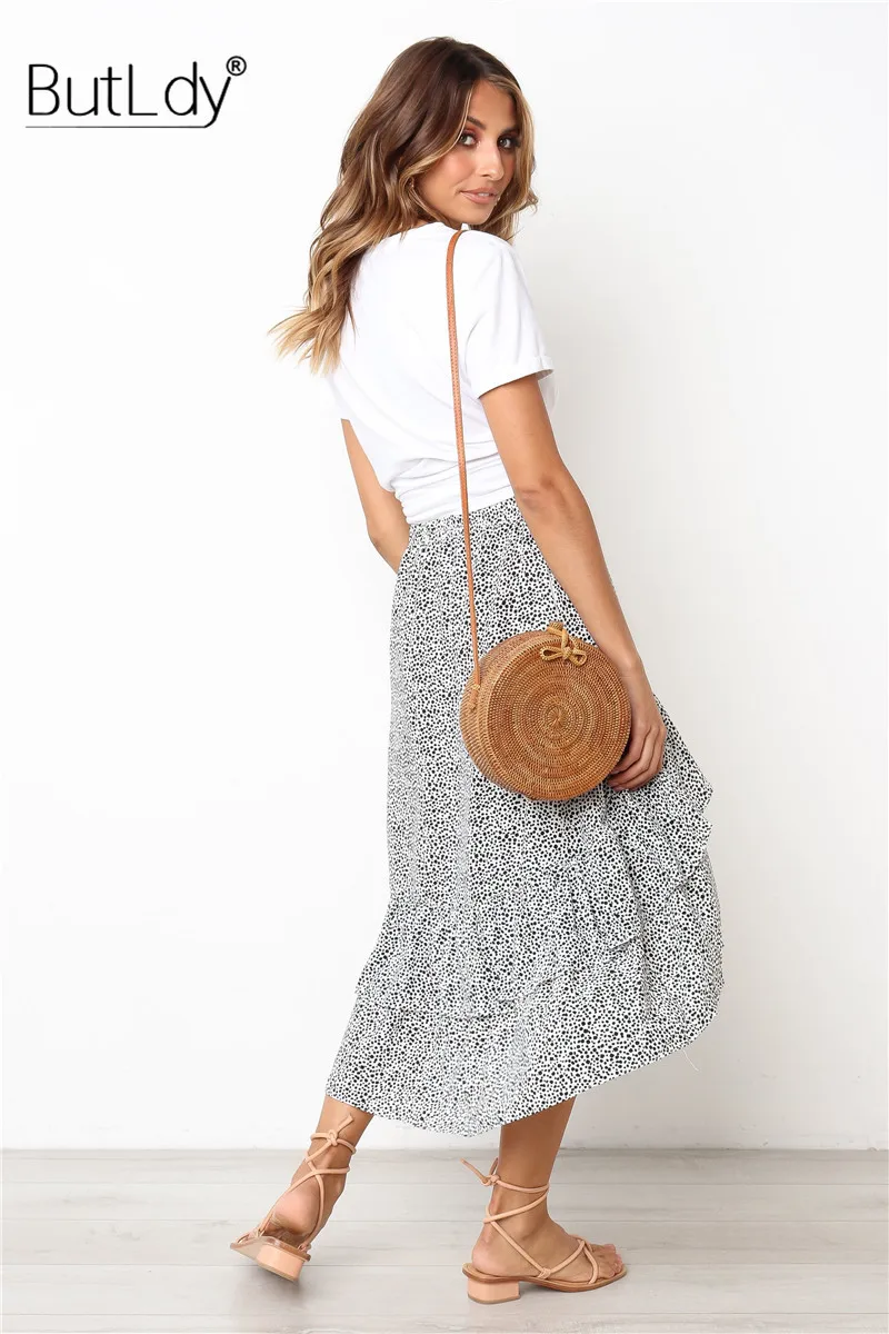 Женская юбка миди в горошек асимметричная с оборками повседневная для вечеринки