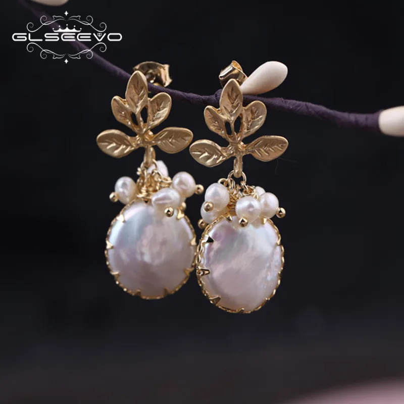 GLSEEVO природной пресной воды Baroque Pearl Drop Earrings Для женщин листьев растений Длинные