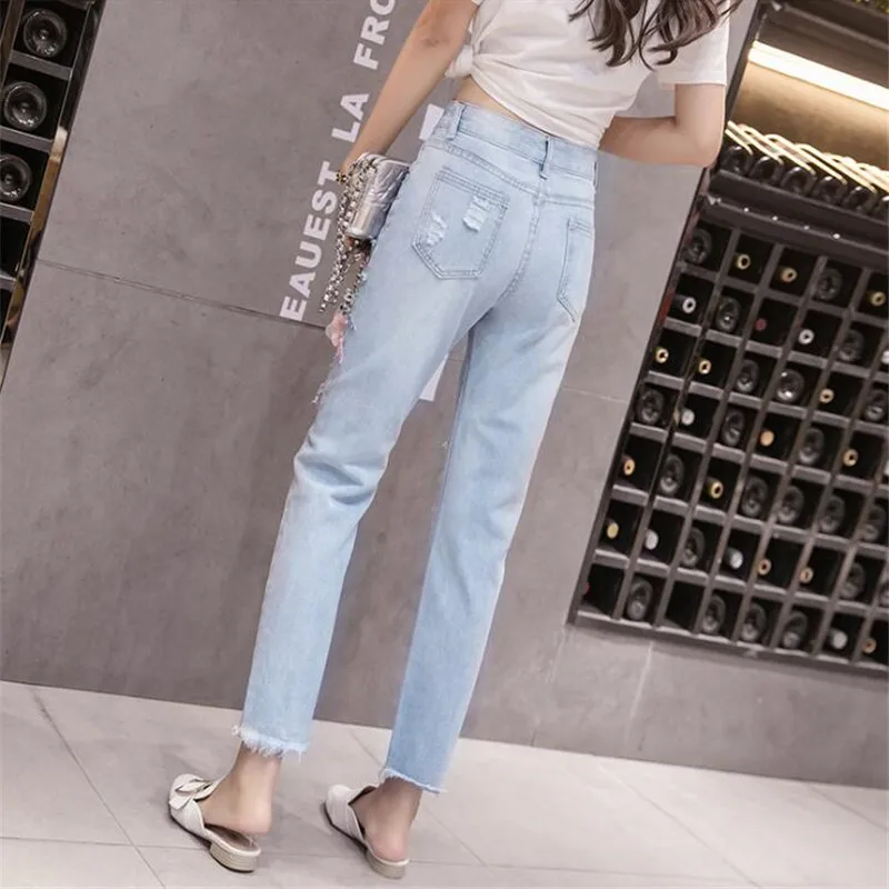 Вышивка Трехмерная Цветочная Блестками Отверстие Джинсовые Карандаш Брюки