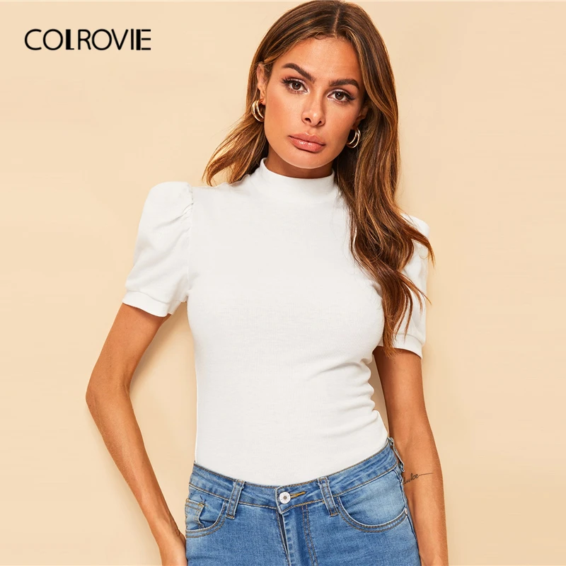 COLROVIE белая однотонная эластичная Элегантная футболка со стоячим воротником, женские топы, летние корейские офисные женские футболки с пышными рукавами