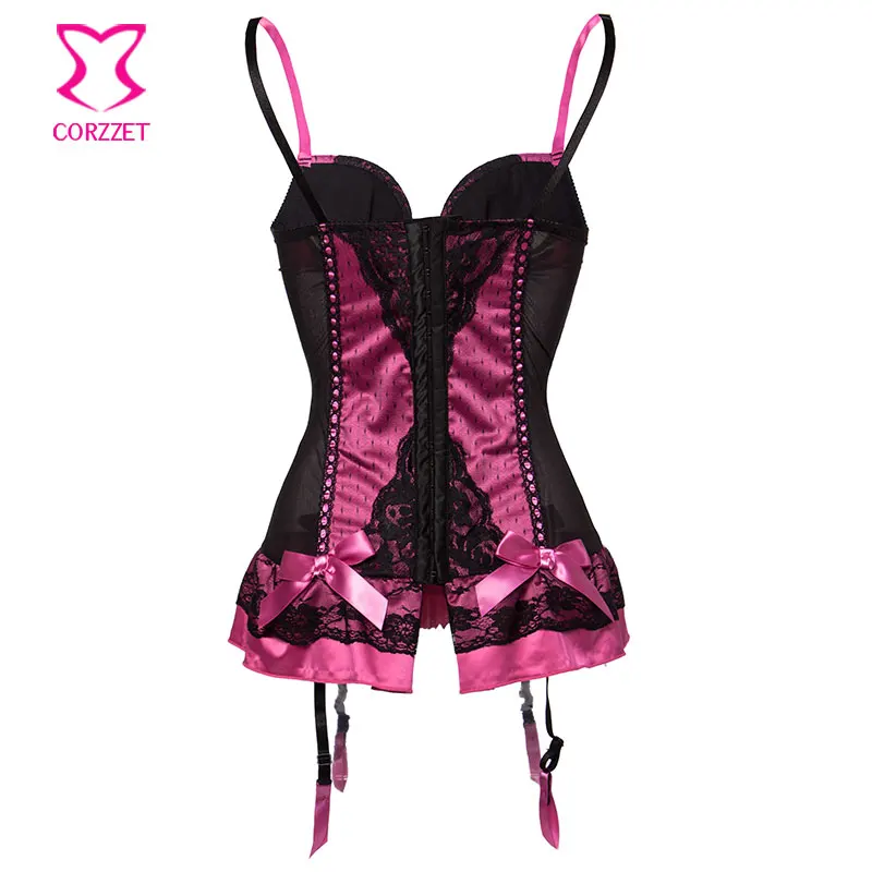 Ярко-розовое атласное и черное Сетчатое бюстье с пуш-ап ремнем бантом