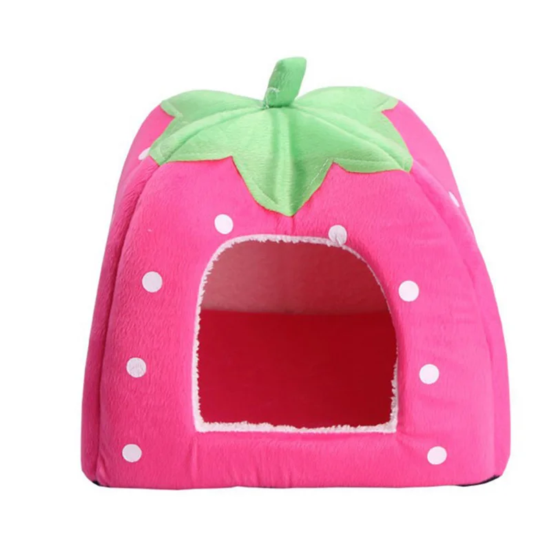 

New Pet Cat House Foldable Soft Winter Leopard Dog Bed Strawberry Cave Dog House Cute Kennel Nest Dog Fleece Cat Bed Rabbit Beds
