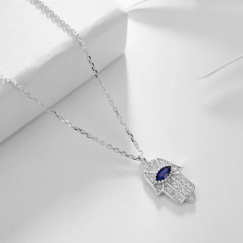 Boho Blue Eye Real 925 Sterling Silver Zircon Hamsa Hand of Fatima Necklace Lady Crystal Pendant Jewelry Choker Vintage Necklace