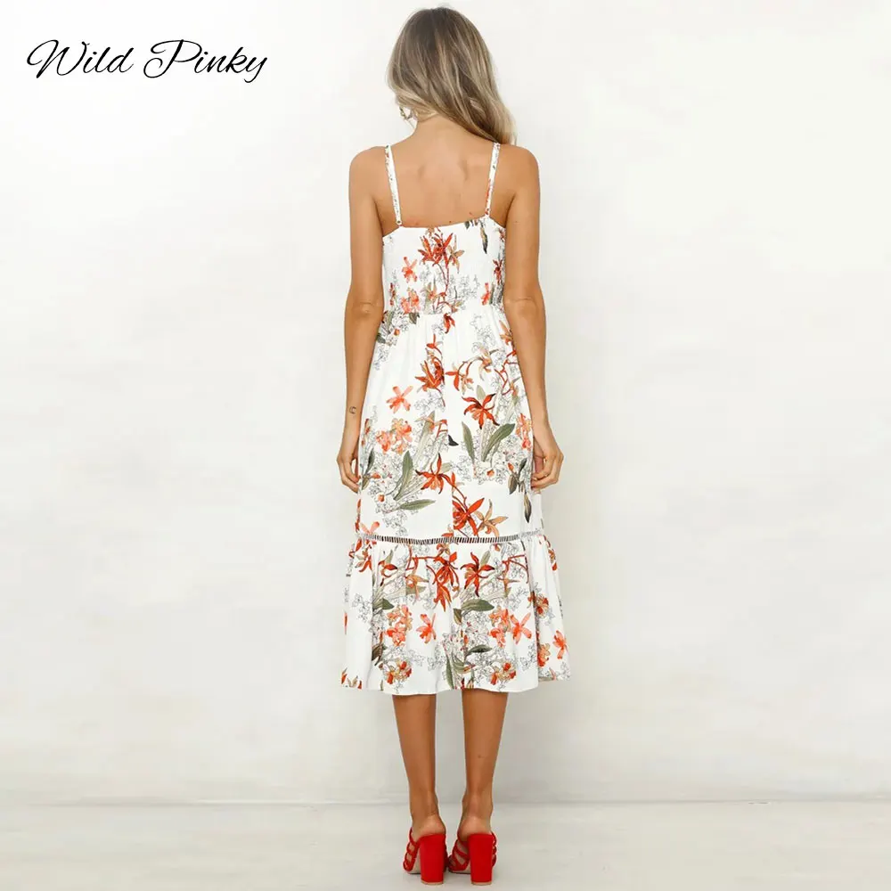 WildPinky Sexy v-образным вырезом женское платье Спагетти ремень Винтаж с цветочным