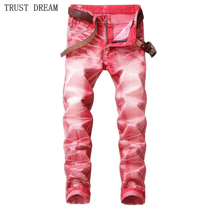 Plus size European Style Men Washstoned Slim Red Pencil Denim Pant Print Fashion Man Causal Street Club Personal Quality Jeans|Мужские