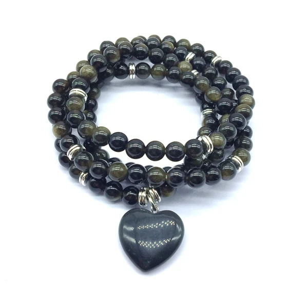 black obsidian Beadztalk Природный камень бусины браслеты 74 см мала Йога цепочки и ожерелья с сердцем Шарм флюорит Ясперс и т. д. Прямая - Окраска металла: black obsidian