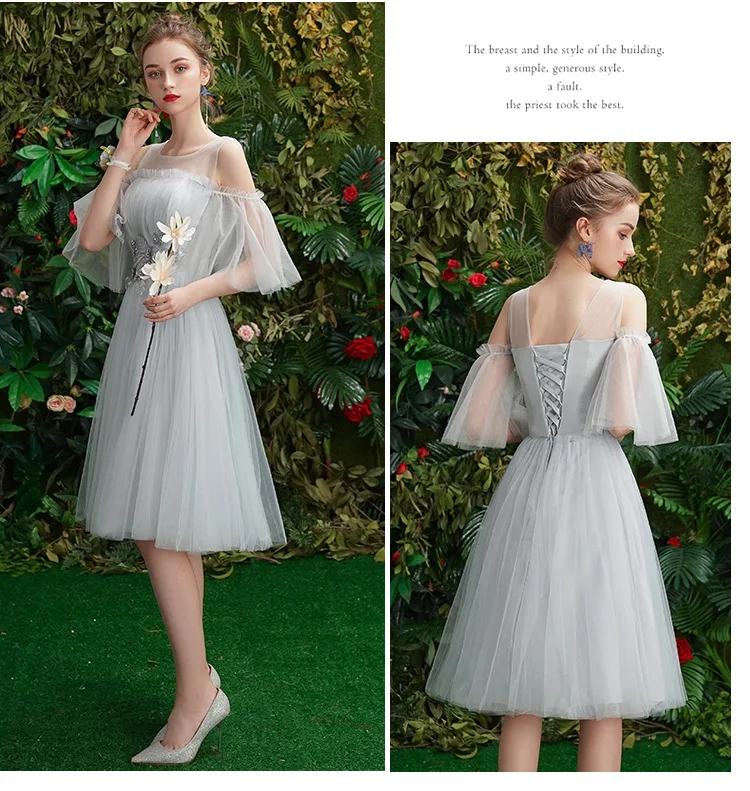 Серые платья для выпускного вечера короткие вечерние с аппликацией из бисера на