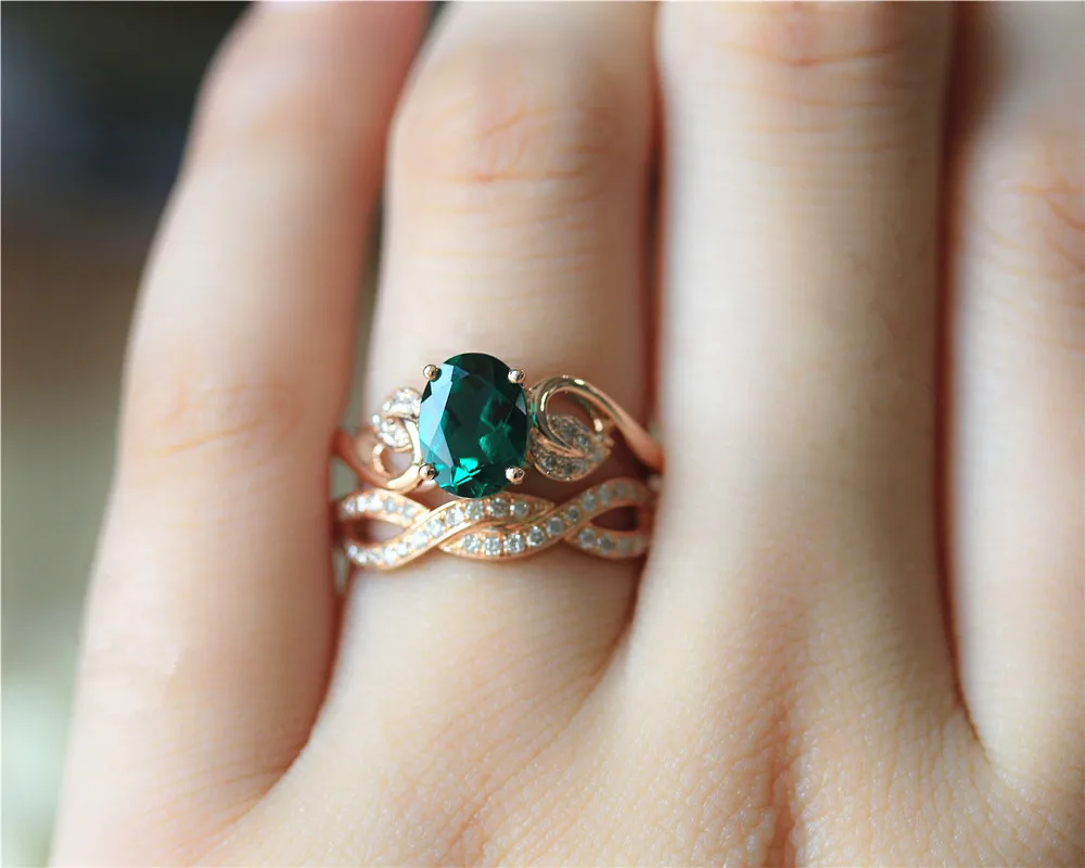 

DUPUY 2pcs Classic Leaf Bridal Set 6*8mm Oval Lab Created Emerald Ring Stack Half Eternity Diamonds Wedding Band 14K Rose Gold