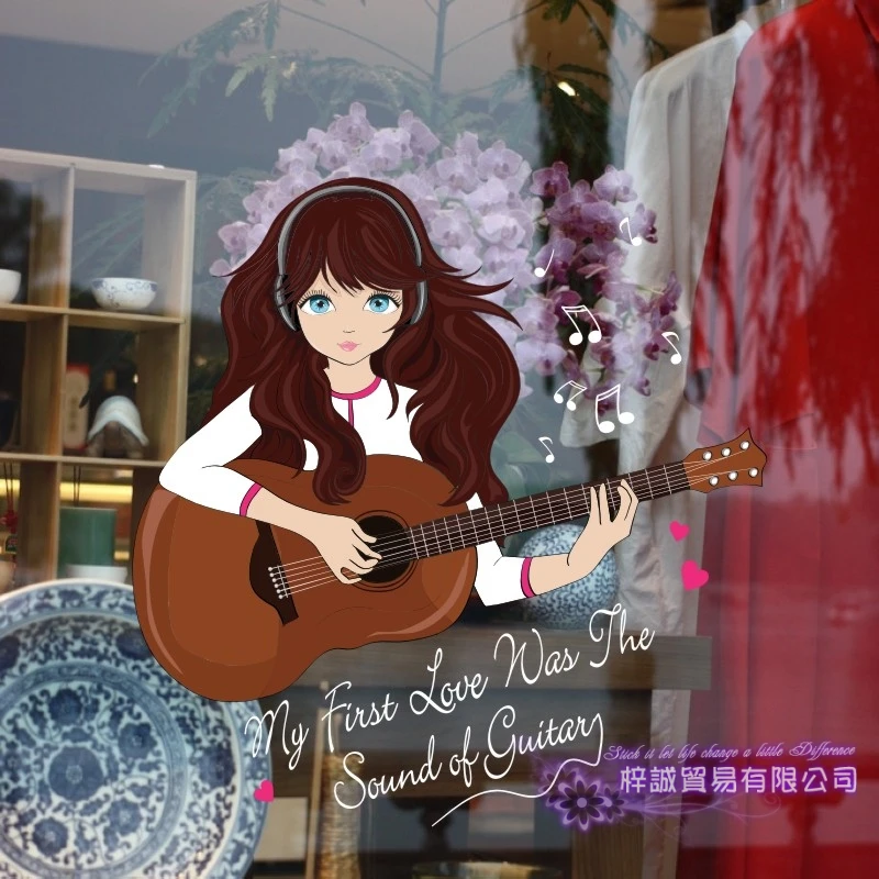 Музыкальная гитара магазин девушка наклейка милые девушки камера Стекло