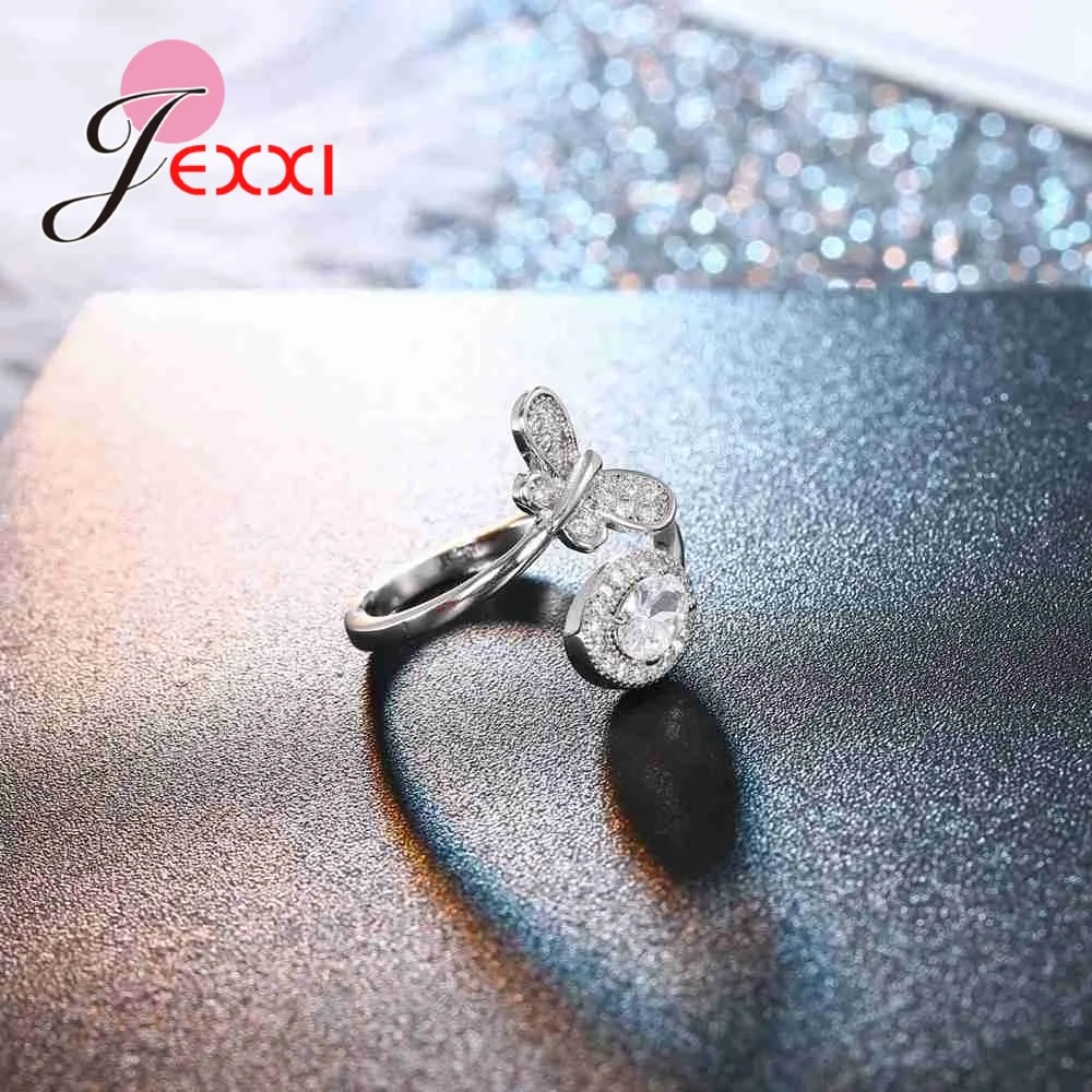 

Summer Styles Real 925 Sterling Silver Adjustable Rings With Cute Butterfly Design Oval Shiny Crystals Women Rings Jewelry