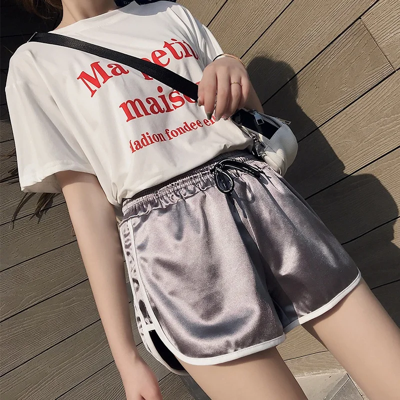 Женские Сатиновые шорты с высокой талией серебристые для танцев на лето 2019 |