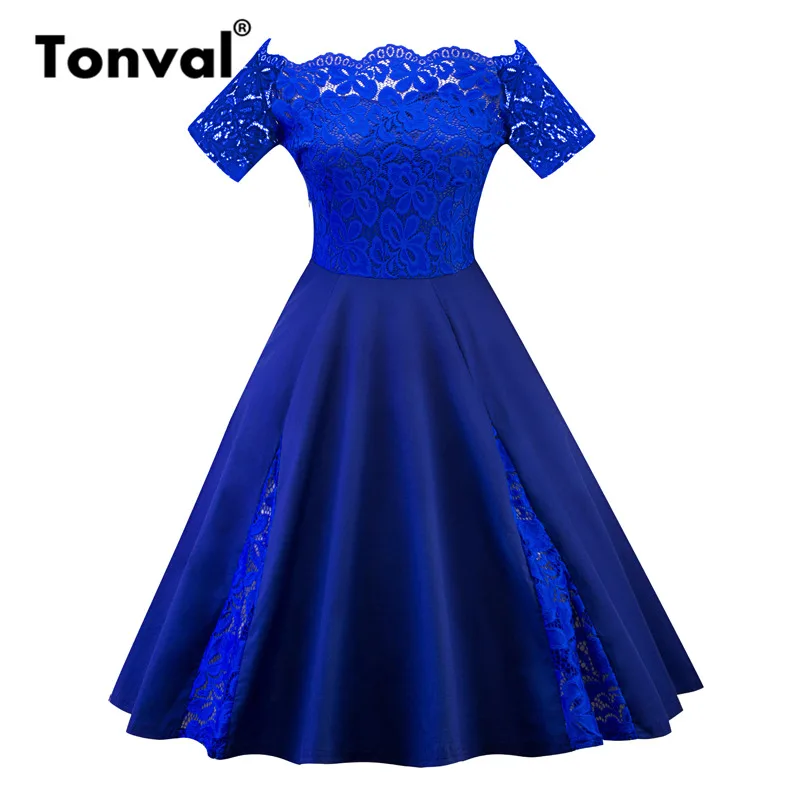 Синий Tonval 4XL 5XL размера плюс контрастное кружевное винтажное платье женские вечерние платья с открытыми плечами роковой Элегантный Большой размер сексуальные платья - Цвет: Синий