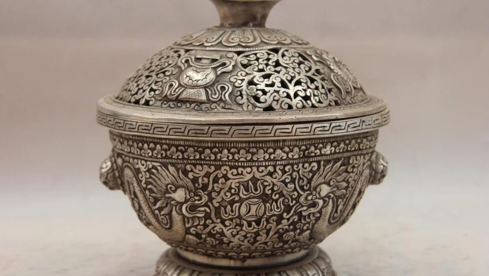 

China White Copper Silver 2 Dragon Play Bead Bowl Pot Incense Burner Censer