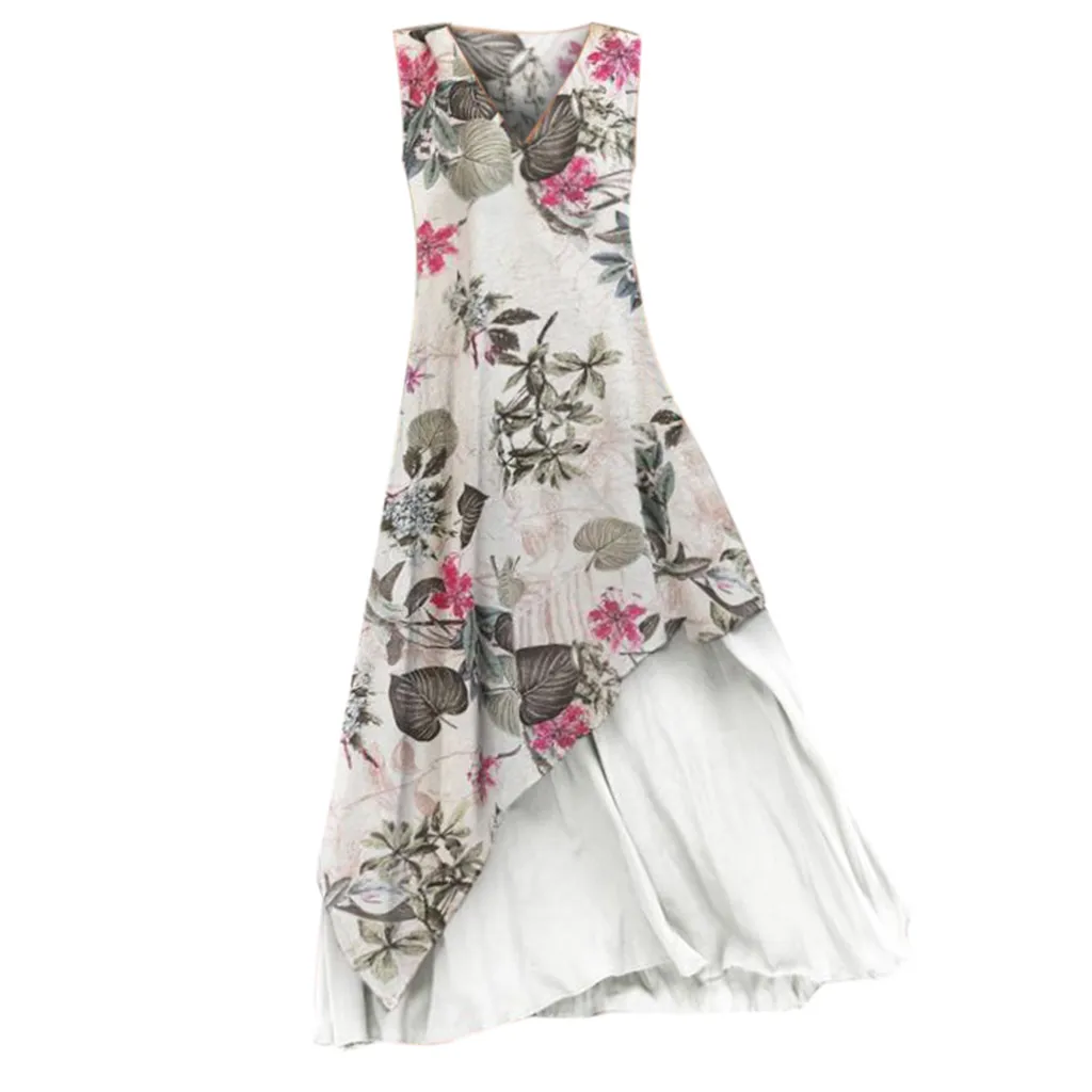 Модное летнее платье женское винтажное в стиле бохо без рукавов с v образным