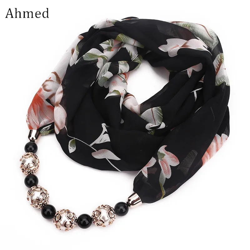Женский шифоновый шарф ожерелье с цветочным принтом и бусинами|fashion necklace|necklace