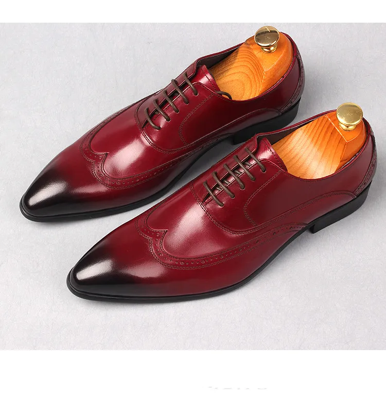 

Red Yellow Black Italian Leather 2018 Mens Dress Oxfords Lace Up Carved Spring Autumn Pointed Toe Prom Party Wedding Oxfords