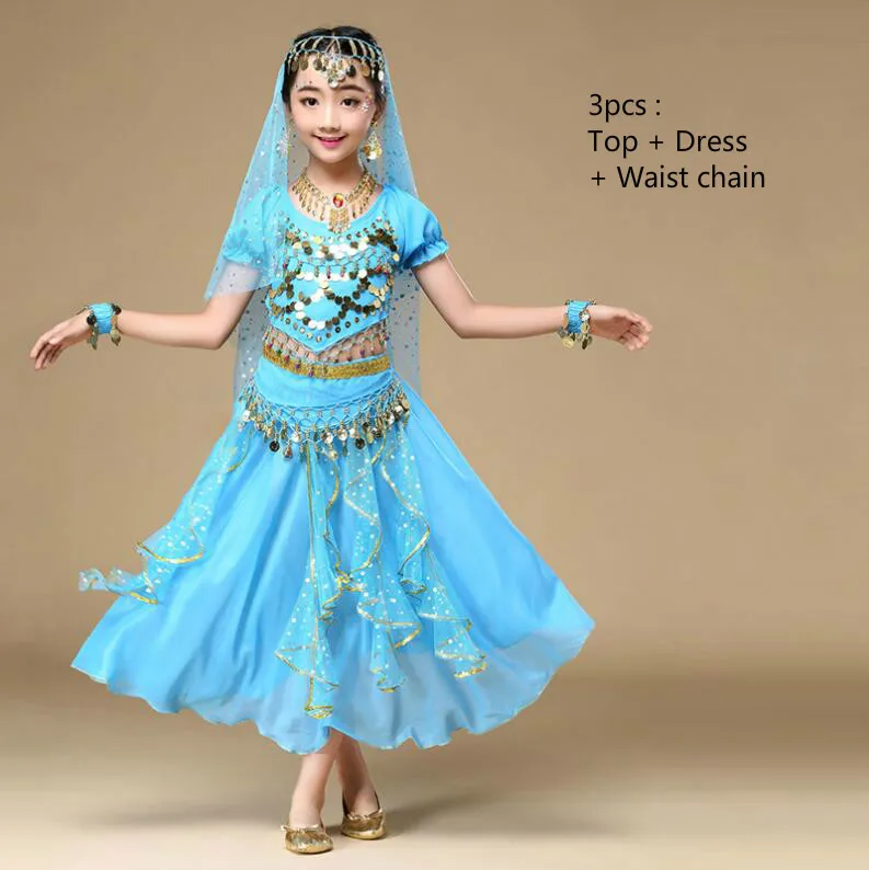 3pcs light blue Костюм для танца живота для девочек, детские костюмы для танца живота, индийская одежда для детей, платья для танца живота - Цвет: 3pcs light blue