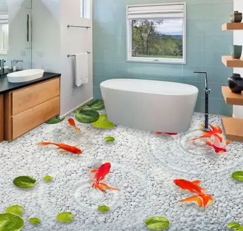 

[Самоклеющиеся] 3D золотая рыбка пруд камень 4 Нескользящие водонепроницаемые фото самоклеющиеся пол Настенная Наклейка обои фотообои печат...