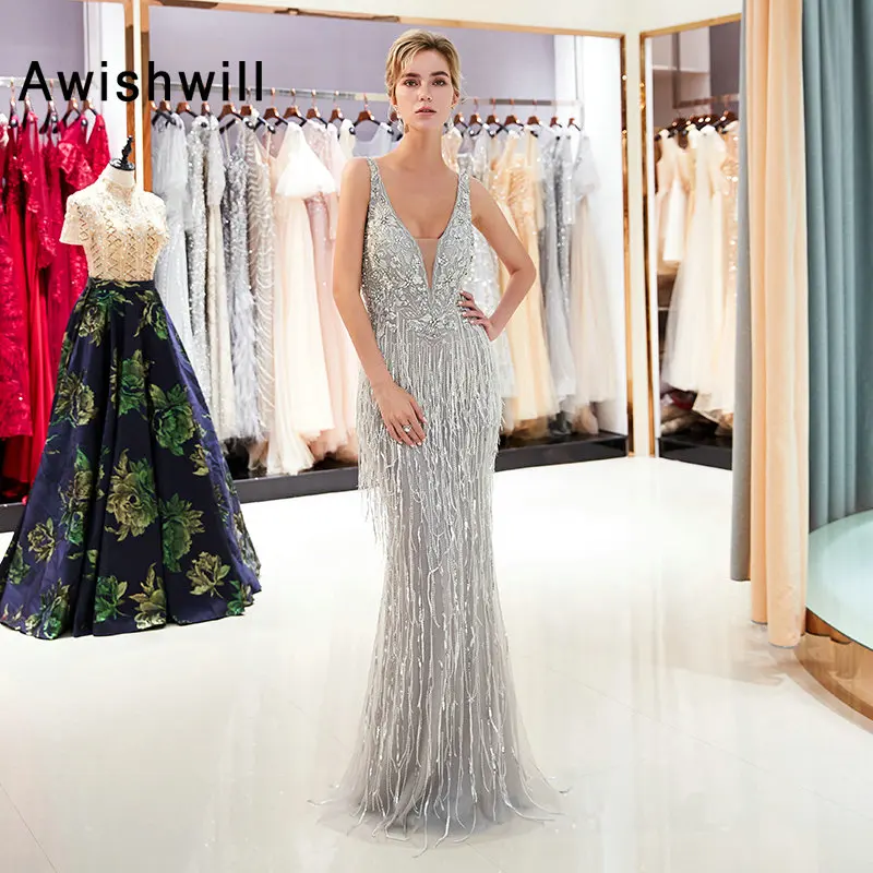 

New Arrival Deep V Neck Mermaid Evening Dress Long 2020 Beaded Feather Formal Women Evening Gowns Wear Sexy Open Back
