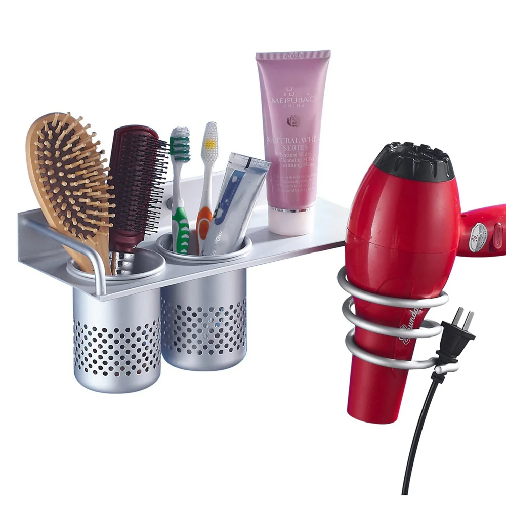 Space Aluminum Bathroom Shelf Set Wall Mount Hair Dryer Racks Stand with 2 Cups Storage Organizer | Обустройство дома