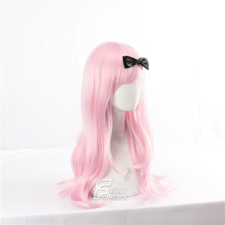 Tokyo Anime kaguya sama: love is war Fujiwara Chika cosplay wig women long wavy pink hair wig with black bowknot costumes