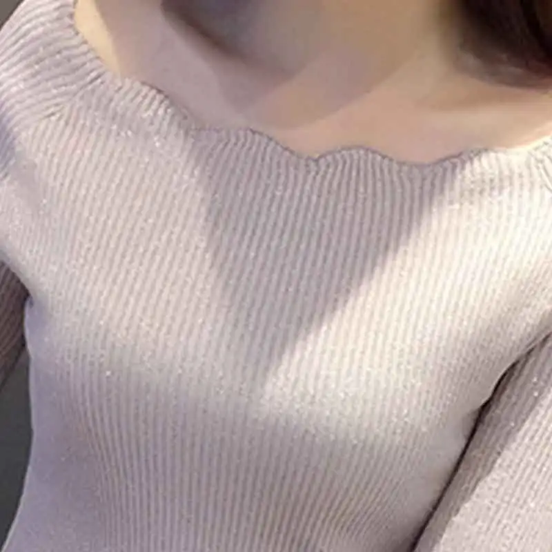 

2019 New Arrival Solid Flare Sleeve Shiny Knitted Women Thin Sweater Office Lady Slash Neck Loose Pullovers White Pink T96507X
