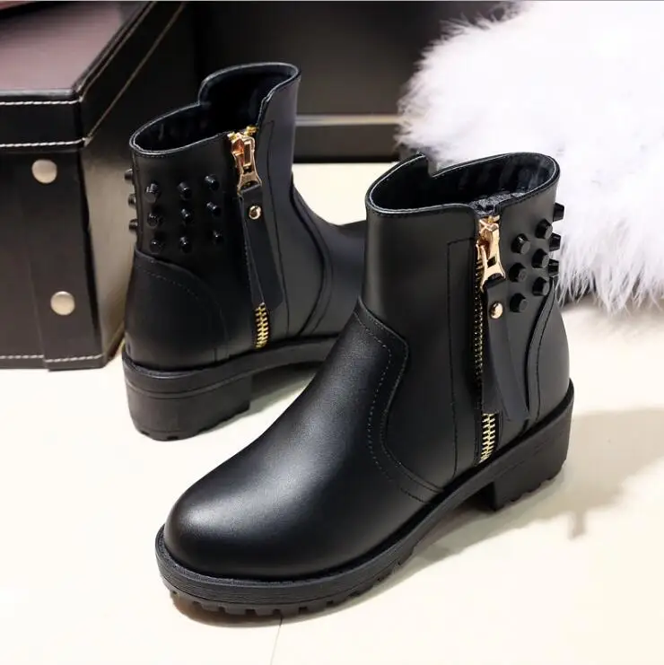 Женская мода Сапоги Боковой Молнии Лодыжки сапоги Заклепки обувь женская на
