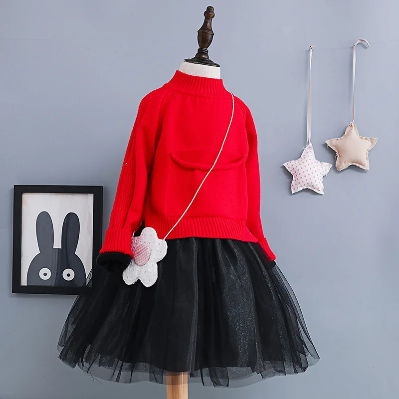 winter thick warm knit tulle 2 pcs set dresses age 3 - 12 yrs baby girls long-sleeve dress+sweater party frocks for little | Детская