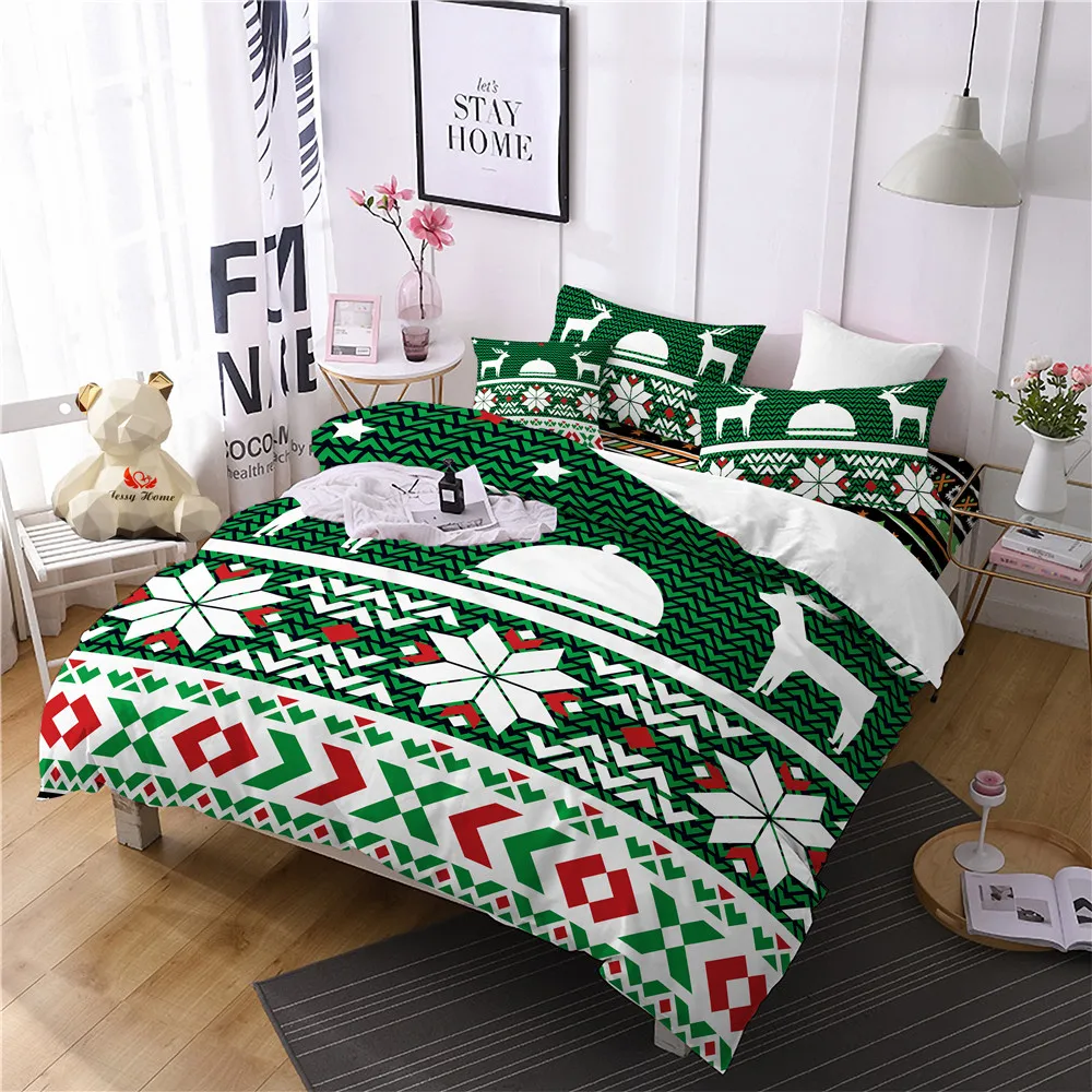 

Bedding Set Bohemia Green Christmas Deer Geometric Print Bedding Duvet Cover Set Elegant Bedclothes Pillowcase