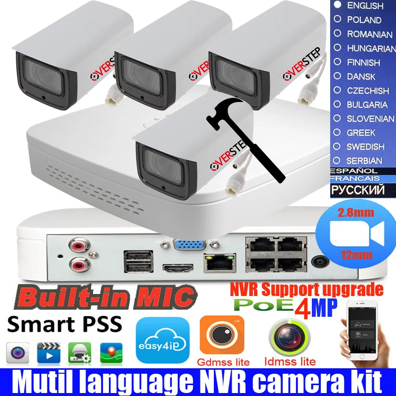 

Mutil language DH H.265 4K NVR4104-P-4ks2 4ch POE with 4MP bullet audio camera IPC-HFW4433F-ZSA 2.8-12mm zoom home security kit