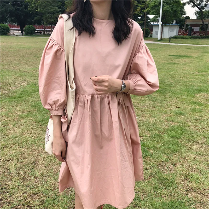 Весна лето 2019 женское мини платье трапециевидной формы с круглым вырезом Ретро