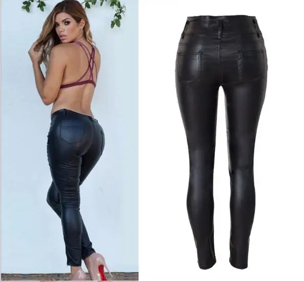 Женские брюки из искусственной кожи с высокой талией и одной пуговицей