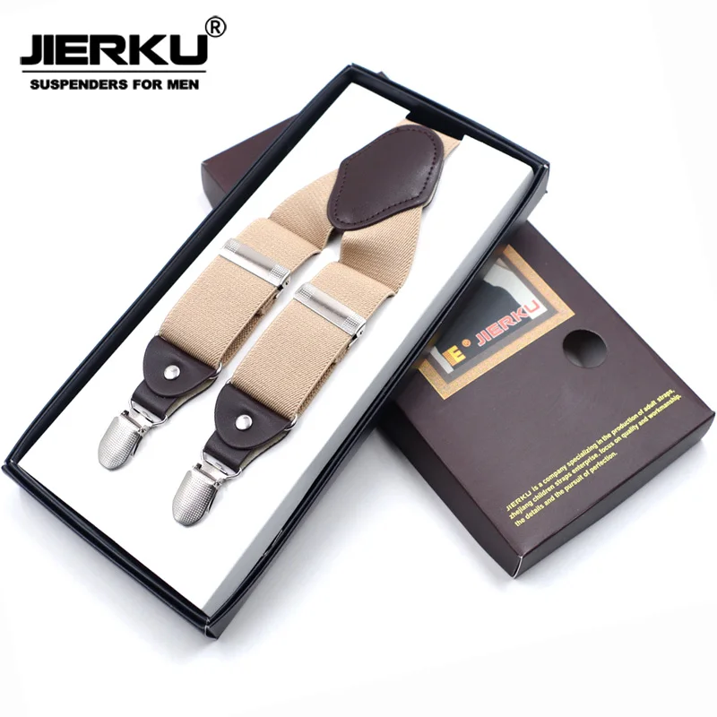 Слоновая кость Jierku Подтяжки для женщин мужские подтяжки кожи 4 Зажимы suspensorio модные штаны на отца/мужа подарок tirantes Hombre jk4c08 - Цвет: Слоновая кость