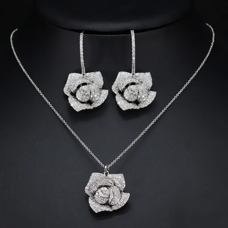 ThreeGraces, модные ювелирные изделия для свадебной вечеринки, кубический циркон, микро проложенный большой висячий цветок розы, серьги, ожерелье, наборы для женщин JS096