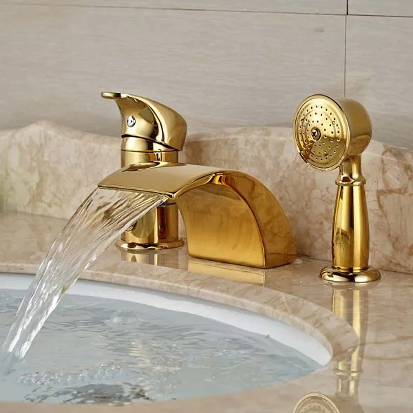 Widespread Golden Brass Waterfall Bathroom Tub Faucet 3 pcs Mixer Tap Shower | Обустройство дома