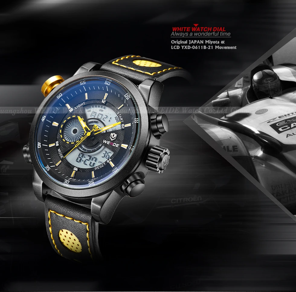 WEIDE Роскошные Кварцевые модного бренда спортивные часы для Для мужчин двойной дисплей двигаться Для мужчин t Кожаный Ремешок Сигнализации календарная дата Функция часы