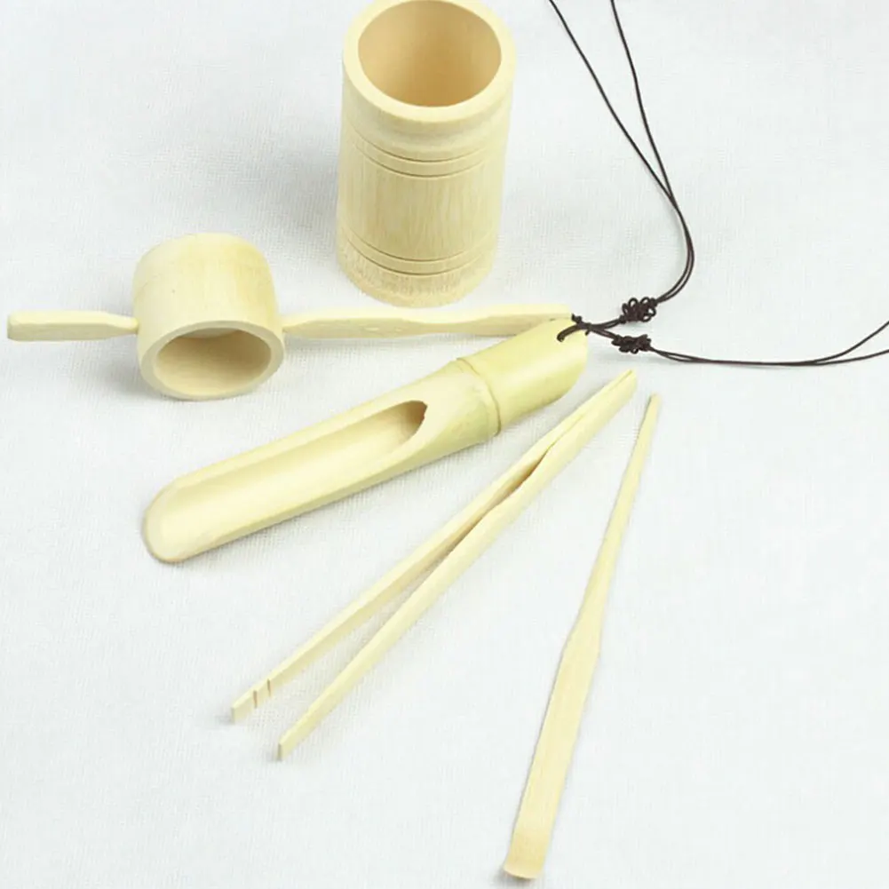 6Pcs Tea Ceremony Utensils Set Bamboo Teaspoon Clip Strainer Tong Case |