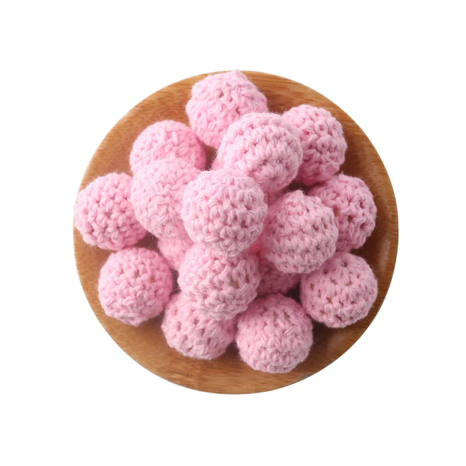 Pink Crochet Beads 15 шт., 16 мм, Детские Прорезыватели для зубов, вязанные деревянные бусины, хлопковые круглые бусины, Детские Прорезыватели для соски, цепные аксессуары, детские деревянные Прорезыватели для зубов - Цвет: Pink Crochet Beads