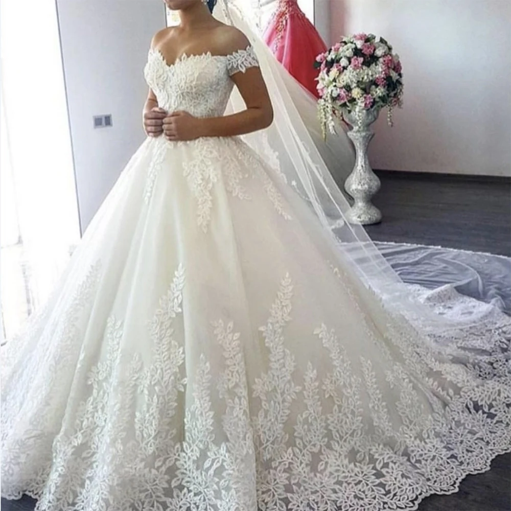 Fansmile белое свадебное платье с открытыми плечами Vestido De Noiva, свадебное платье с шлейфом на заказ, большие размеры, свадебное Тюлевое FSM-630T для свадьбы