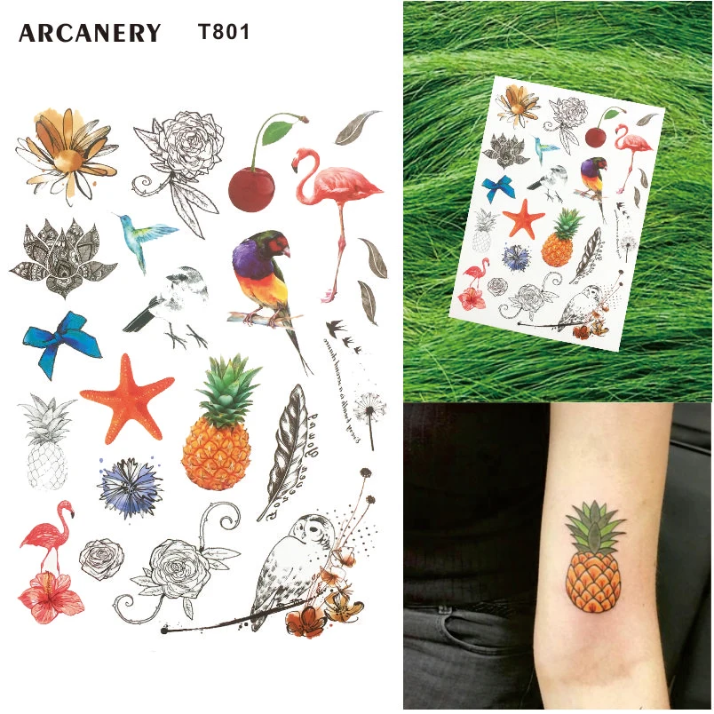 Цветная тропическая временная татуировка T801 с ананасом морскими звездами совами