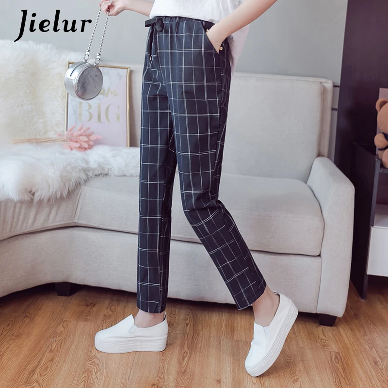 Jielur 2018 Новый Винтаж плед Для женщин брюки Повседневное корейские узкие женские
